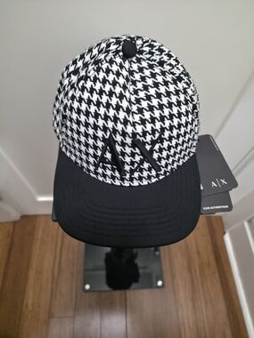 Armani Exchange Black Baseball Cap with Houndstooth Lining.